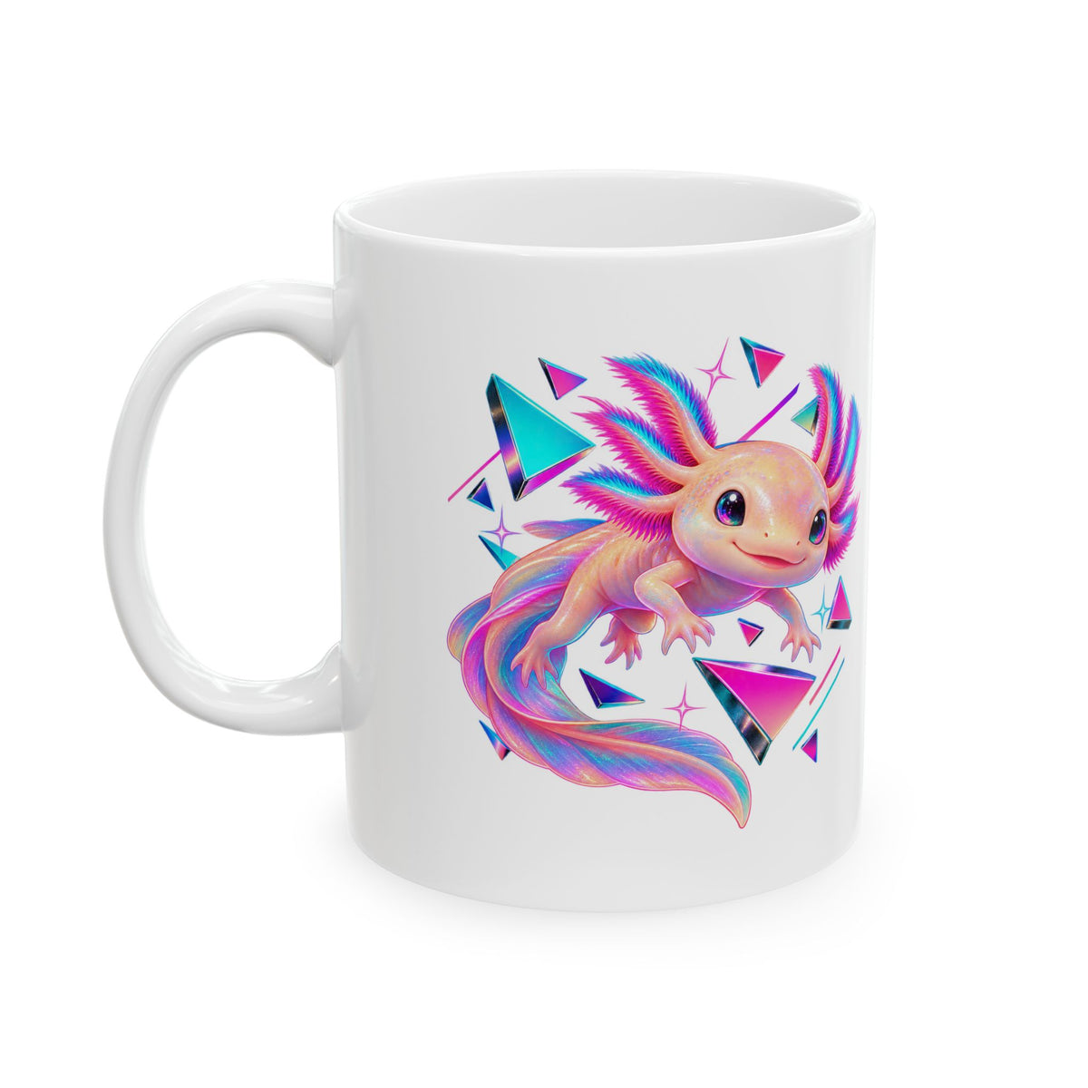 Neon Axolotl Drifting Through Memphis Shapes Mug
