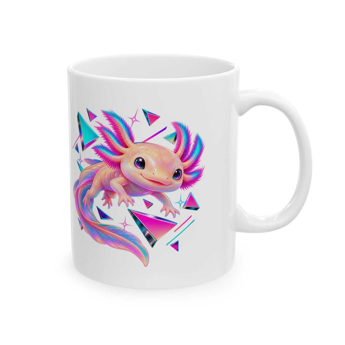 Neon Axolotl Drifting Through Memphis Shapes Mug