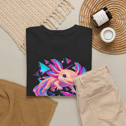 Neon Axolotl Drifting Through Memphis Shapes T-Shirt