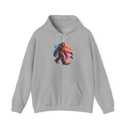 Neon Bigfoot Striding Through Sunset Arcs Pullover Hoodie