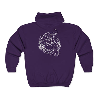 Sleepy Manatee Under a Crescent Moon Zip-Up Hoodie