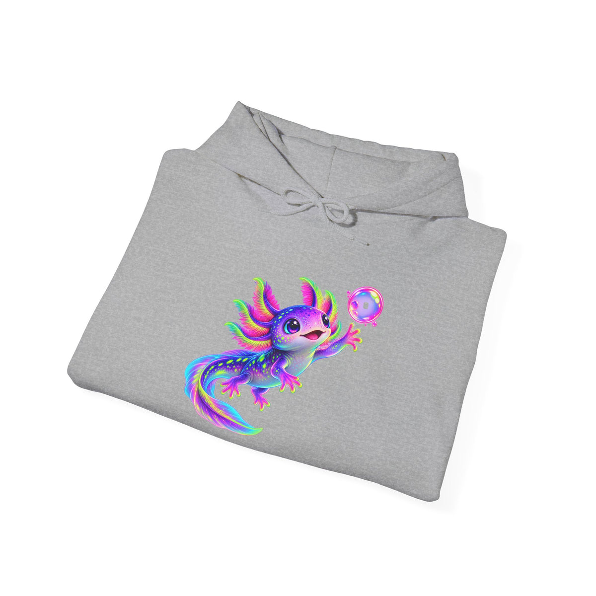 Neon Axolotl Reaching for a Bubble Pullover Hoodie
