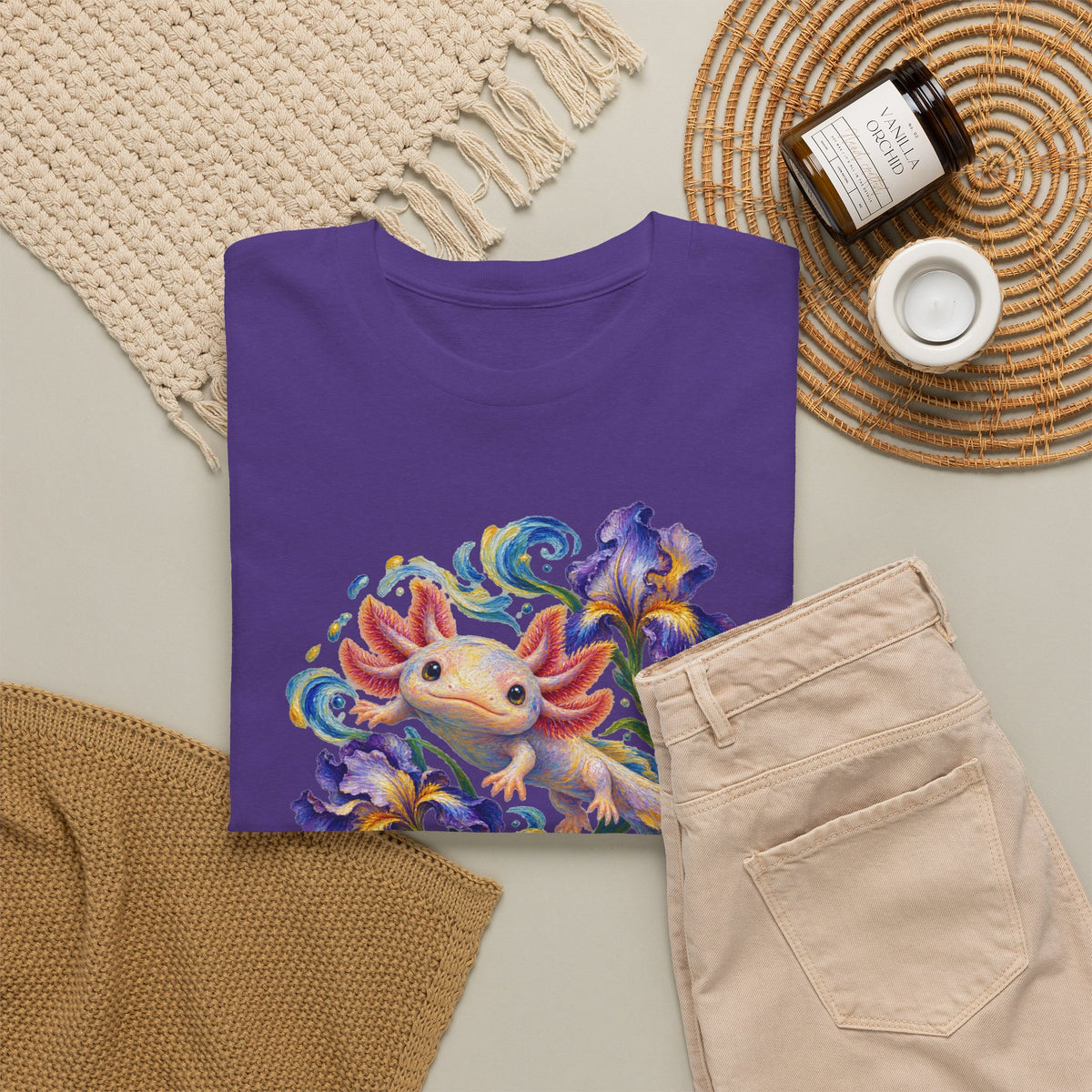Axolotl Among Swirling Purple Irises T-Shirt