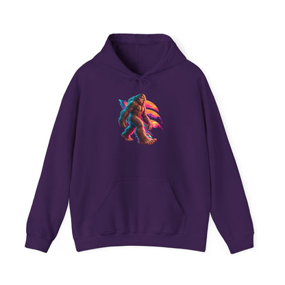 Neon Bigfoot Striding Through Sunset Arcs Pullover Hoodie