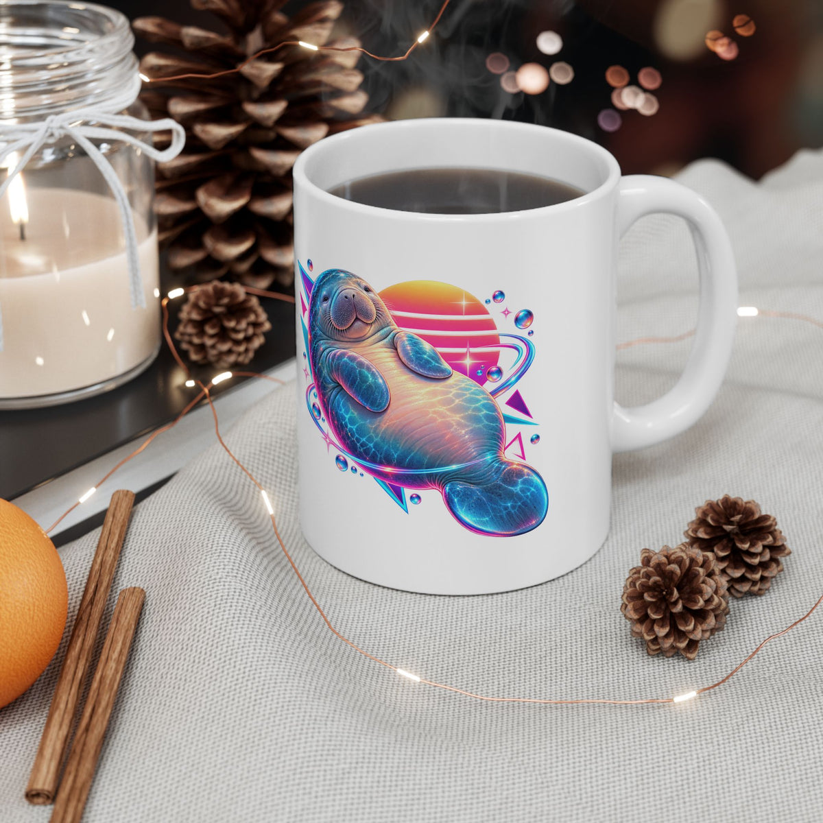 Synthwave Manatee Over Sunset Arcs Mug