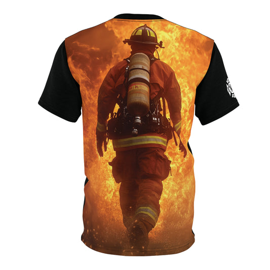 Firefighter Walking Through Flames All-Over Print T-Shirt