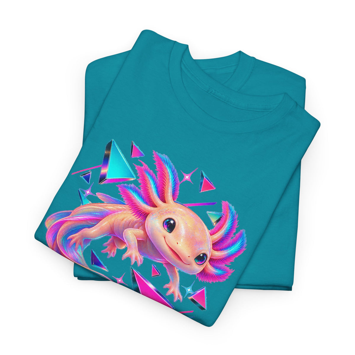 Neon Axolotl Drifting Through Memphis Shapes T-Shirt