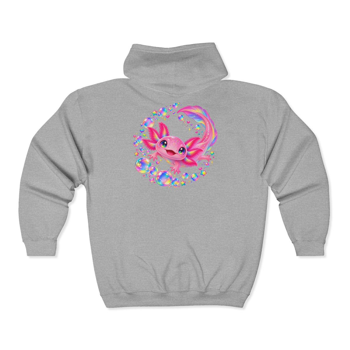 Bubblegum Axolotl in Rainbow Bubbles Zip-Up Hoodie