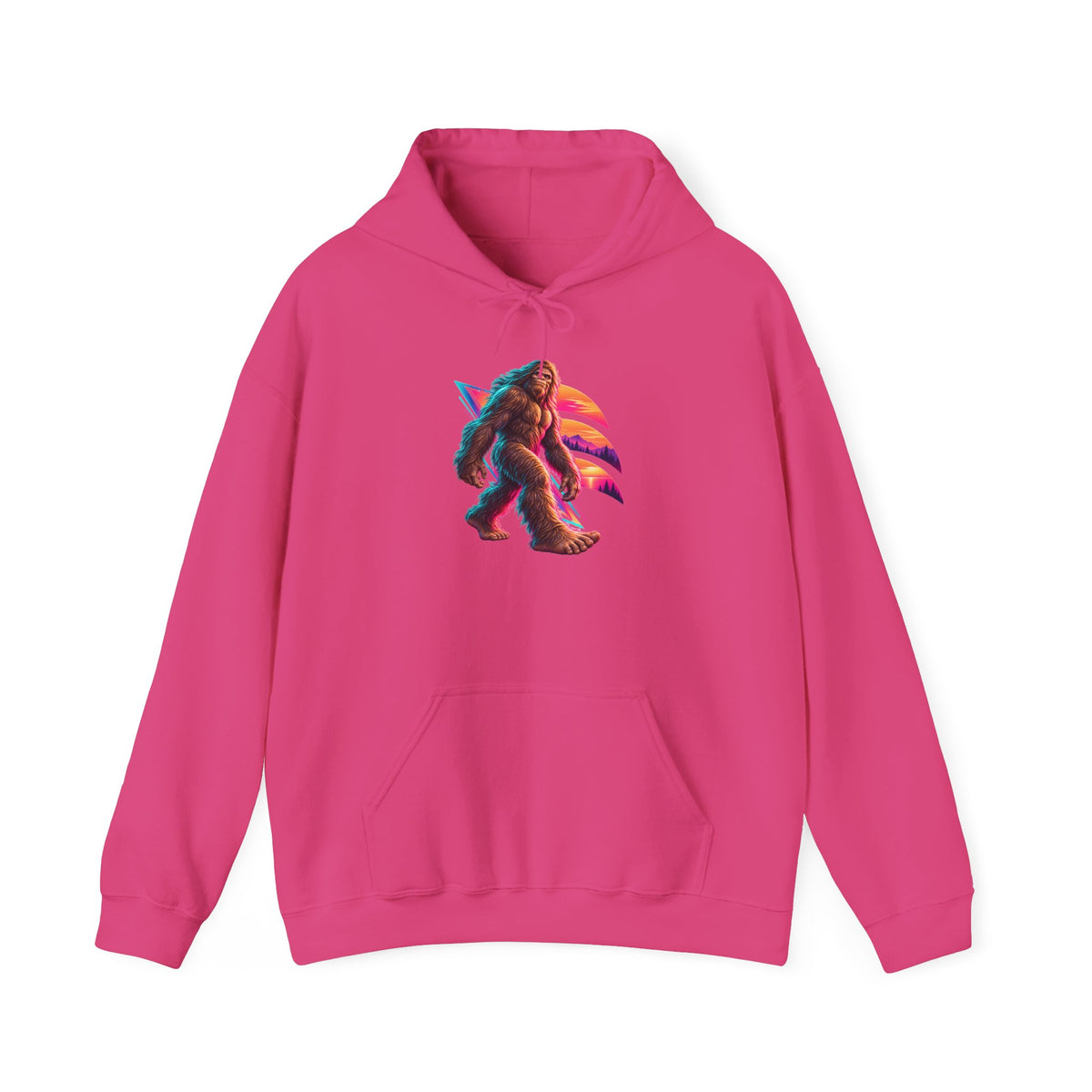 Neon Bigfoot Striding Through Sunset Arcs Pullover Hoodie