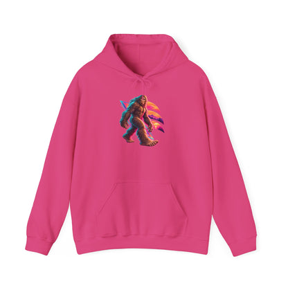 Neon Bigfoot Striding Through Sunset Arcs Pullover Hoodie