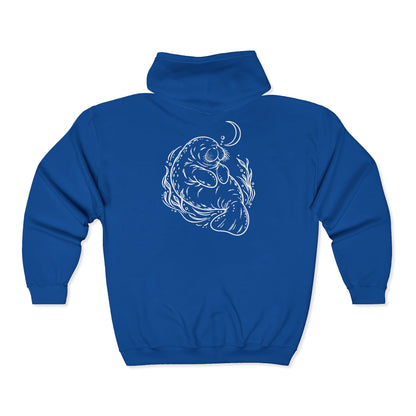 Sleepy Manatee Under a Crescent Moon Zip-Up Hoodie