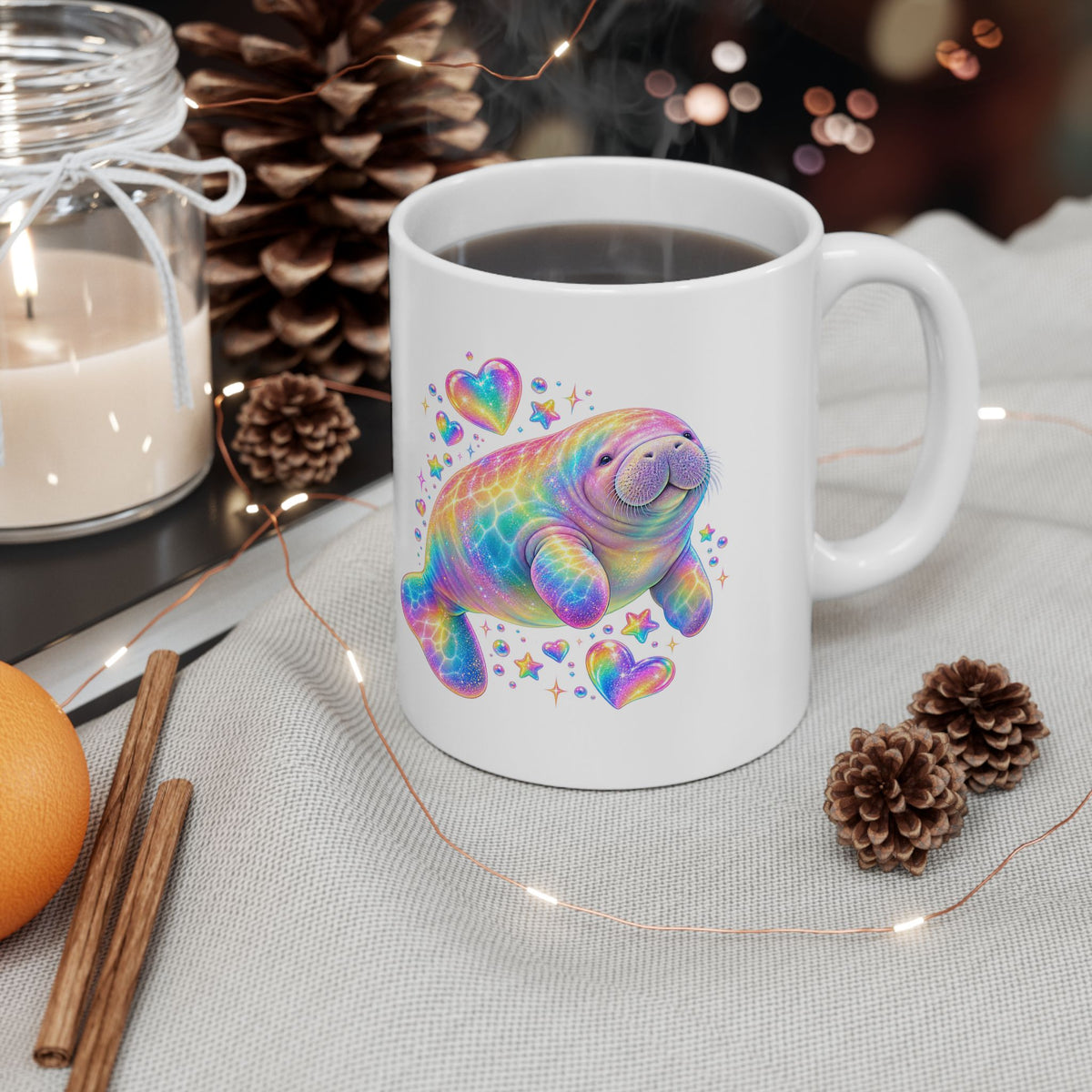 Rainbow manatee hearts and stars Mug