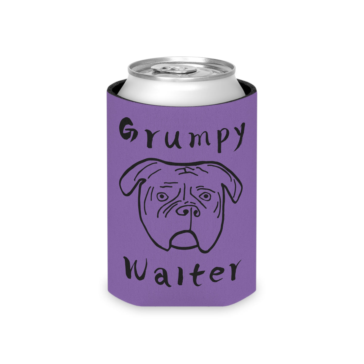 Purple regular can cooler with a dog face between Grumpy Walter lettering.