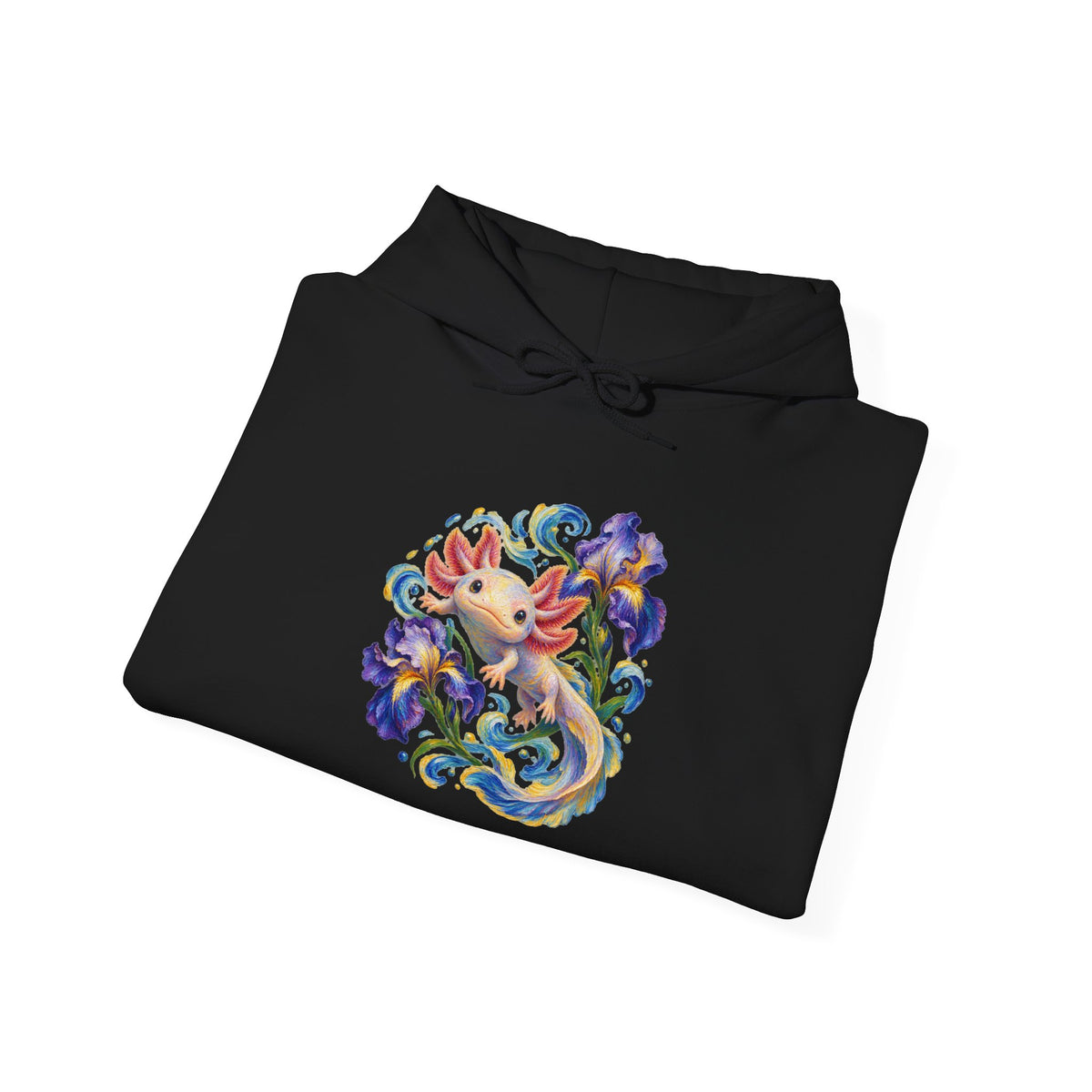 Axolotl Among Swirling Purple Irises Pullover Hoodie