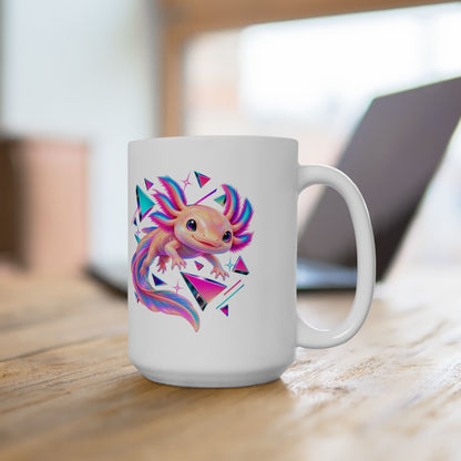 Neon Axolotl Drifting Through Memphis Shapes Mug