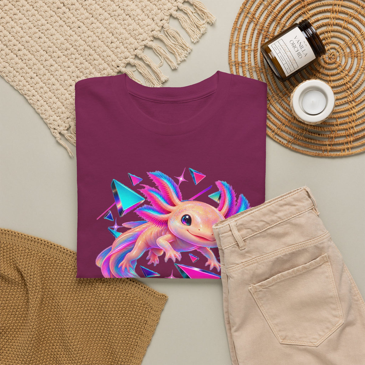Neon Axolotl Drifting Through Memphis Shapes T-Shirt