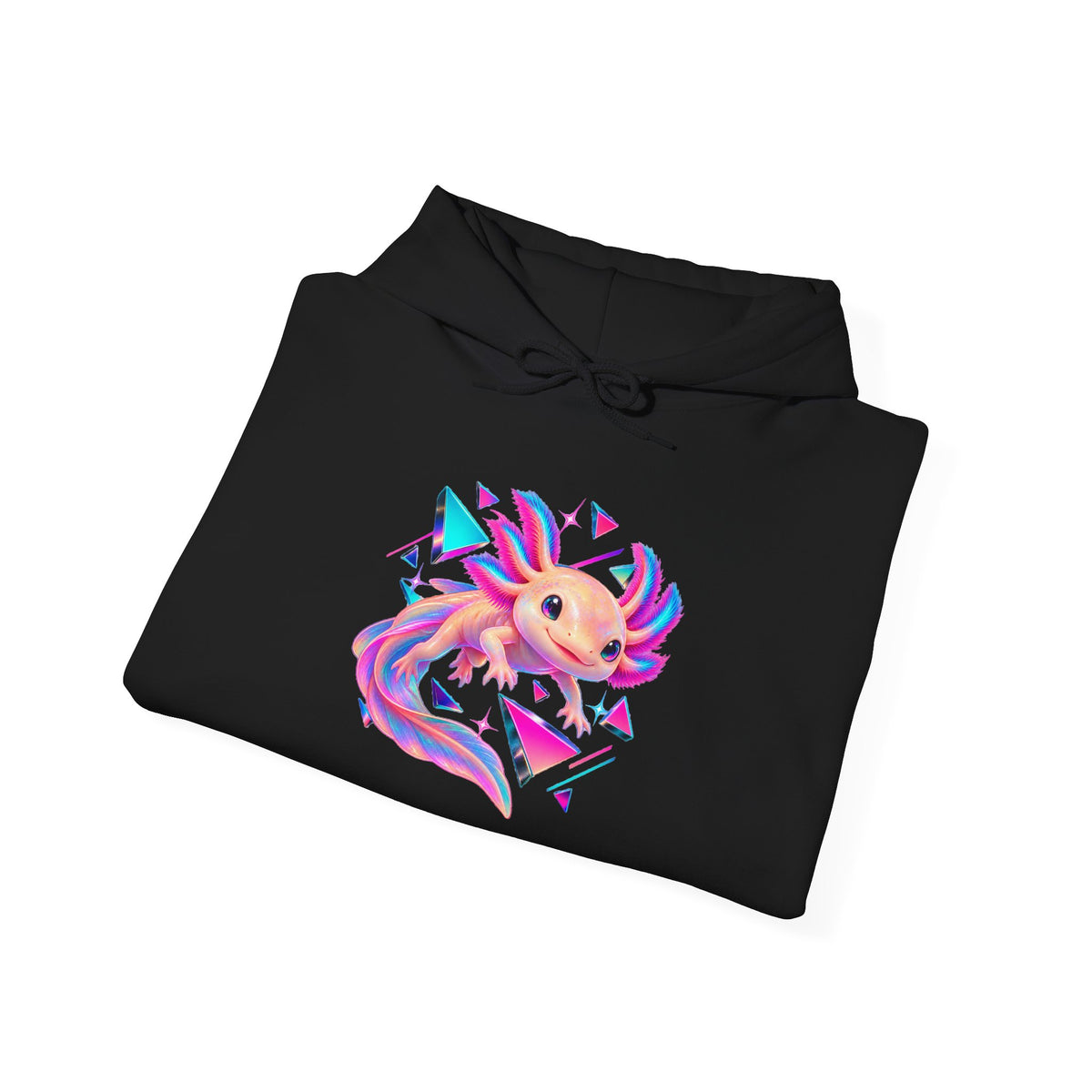 Neon Axolotl Drifting Through Memphis Shapes Pullover Hoodie