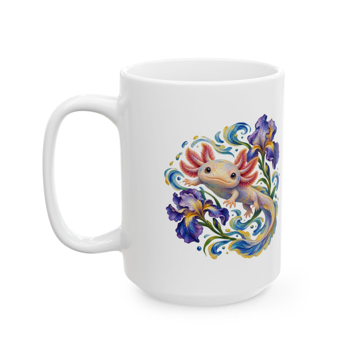 Axolotl Among Swirling Purple Irises Mug