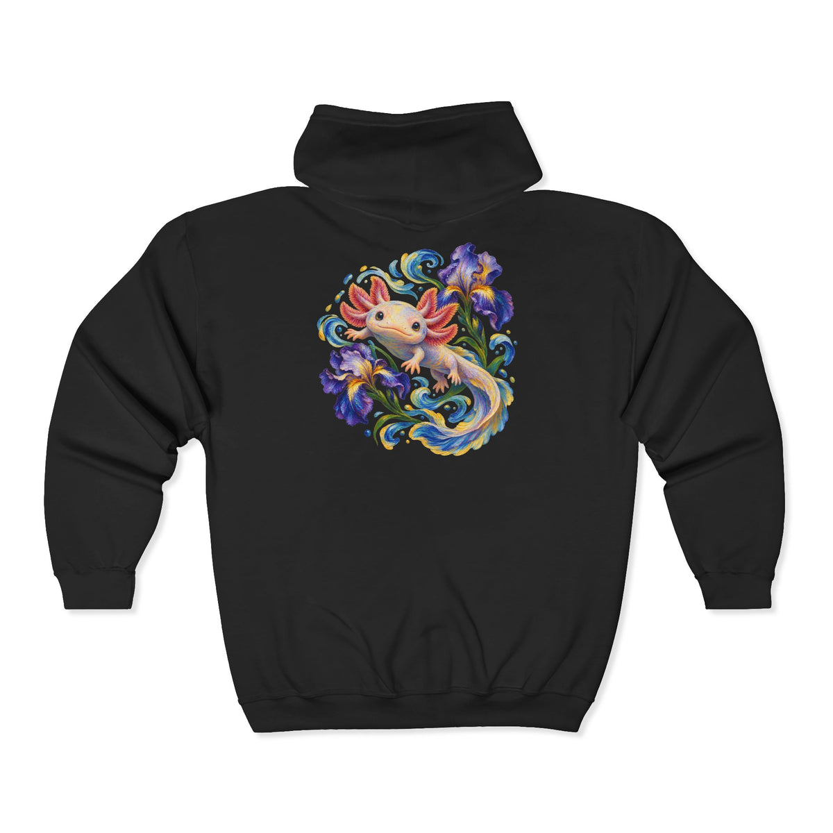 Axolotl Among Swirling Purple Irises Zip-Up Hoodie