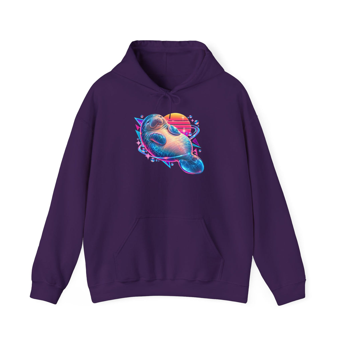 Synthwave Manatee Over Sunset Arcs Pullover Hoodie