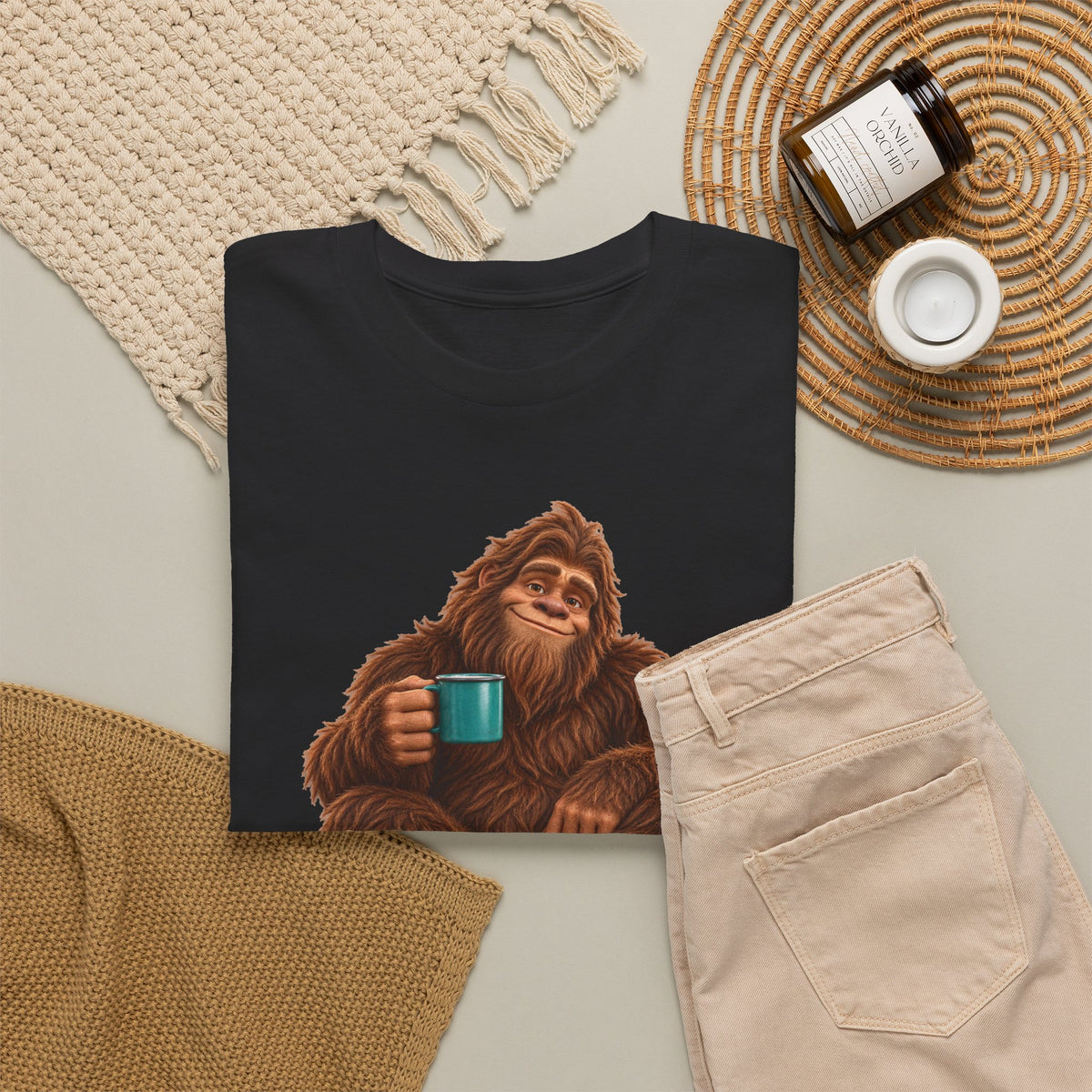 Cozy Camper Bigfoot with Teal Mug T-Shirt