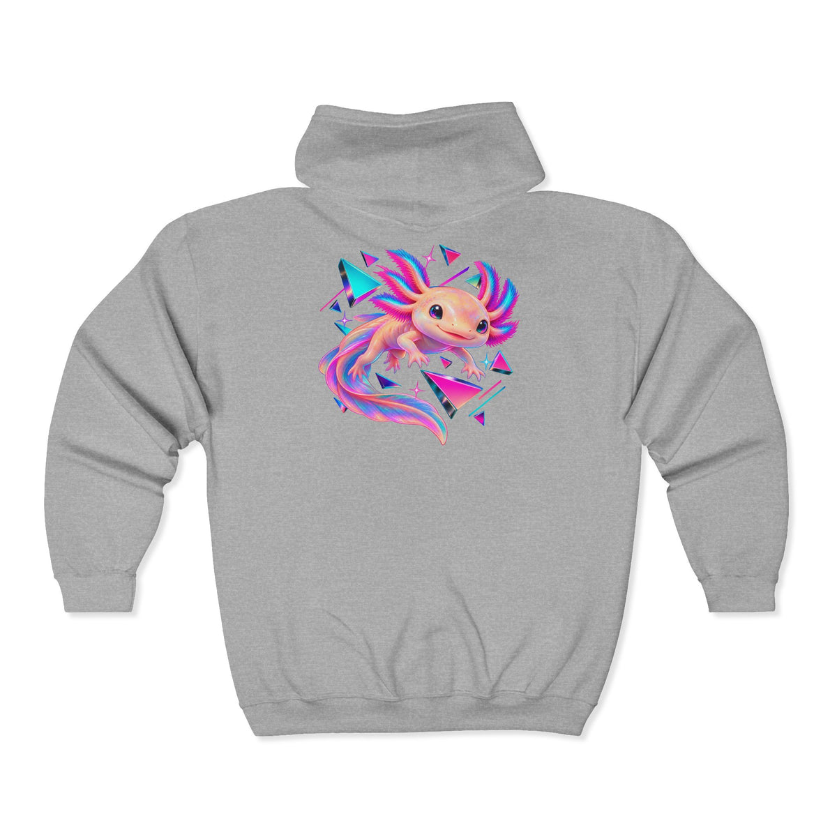 Neon Axolotl Drifting Through Memphis Shapes Zip-Up Hoodie