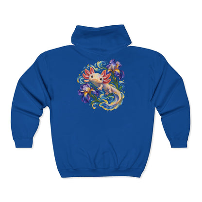 Axolotl Among Swirling Purple Irises Zip-Up Hoodie