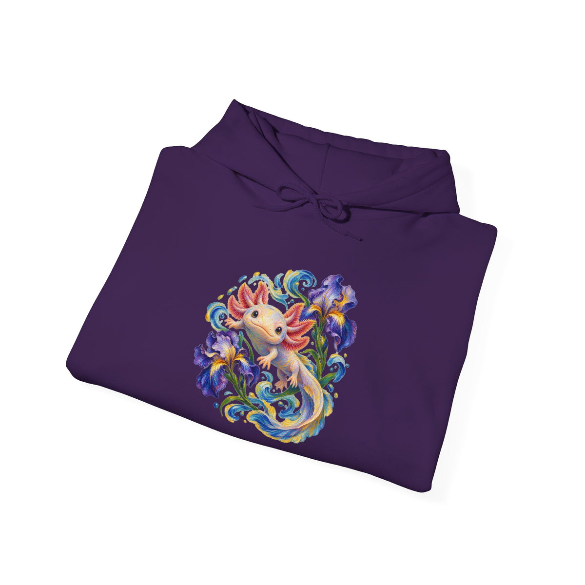 Axolotl Among Swirling Purple Irises Pullover Hoodie