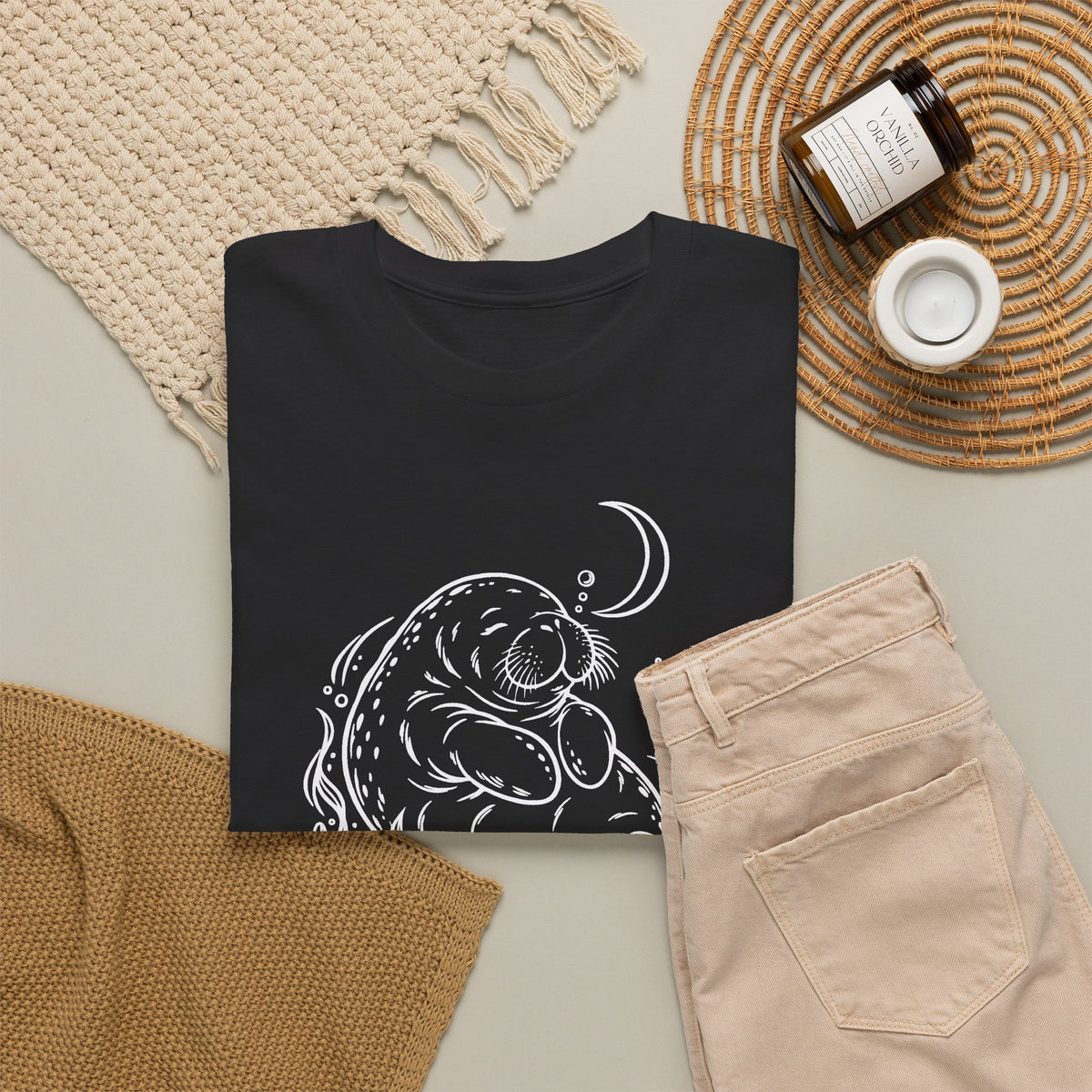 Sleepy Manatee Under a Crescent Moon T-Shirt