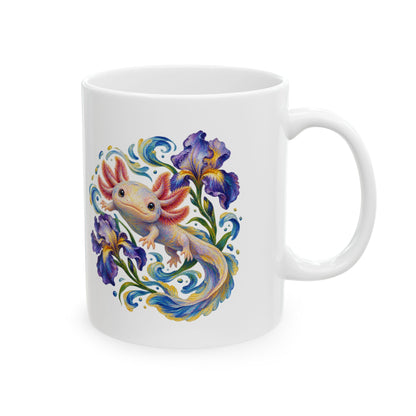 Axolotl Among Swirling Purple Irises Mug