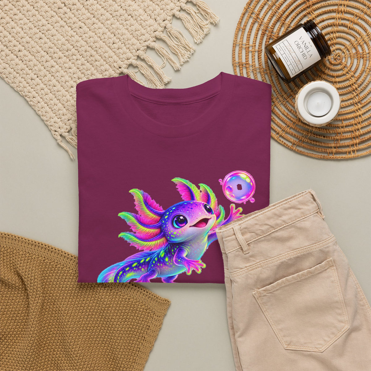 Neon Axolotl Reaching for a Bubble T-Shirt