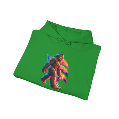 Neon Bigfoot Striding Through Sunset Arcs Pullover Hoodie