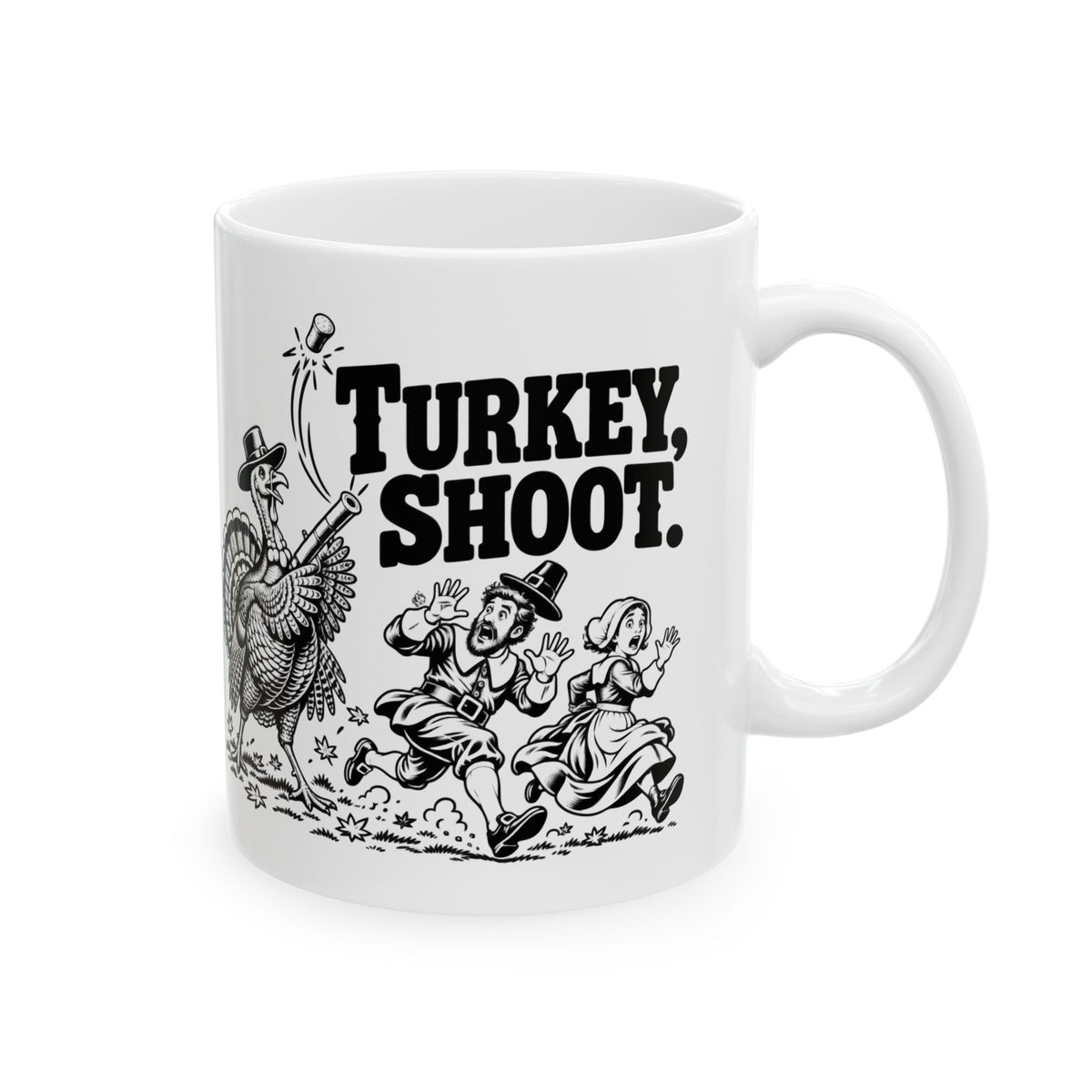 Turkey Shoot Mug | Funny Thanksgiving Turkey Chase | 11oz