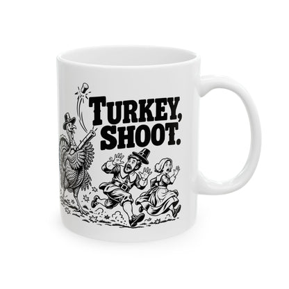 Turkey Shoot Mug | Funny Thanksgiving Turkey Chase | 11oz