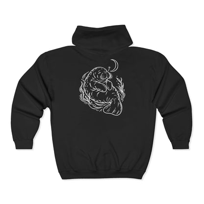 Sleepy Manatee Under a Crescent Moon Zip-Up Hoodie