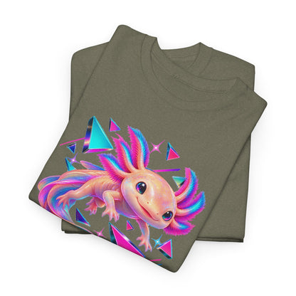 Neon Axolotl Drifting Through Memphis Shapes T-Shirt