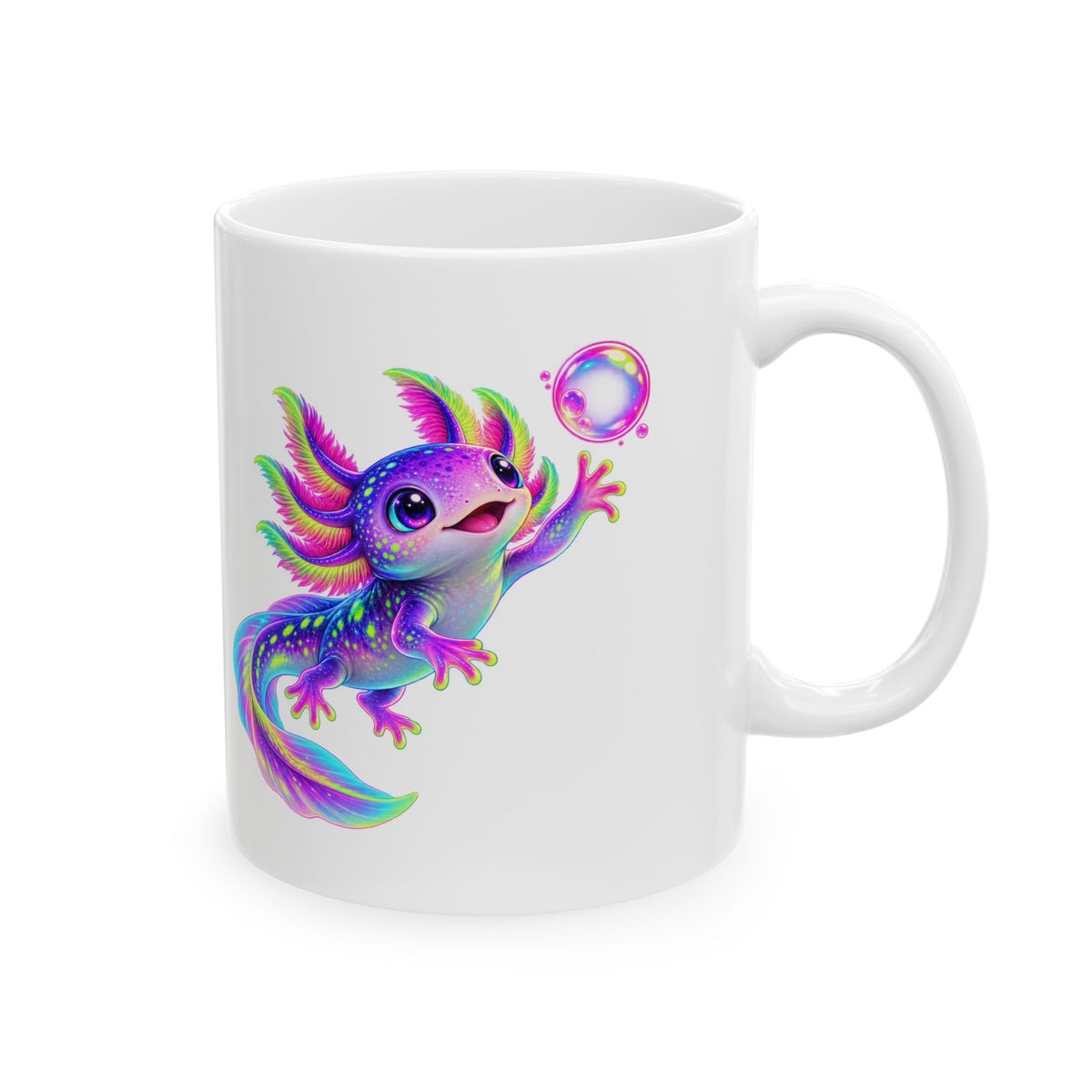 Neon Axolotl Reaching for a Bubble Mug