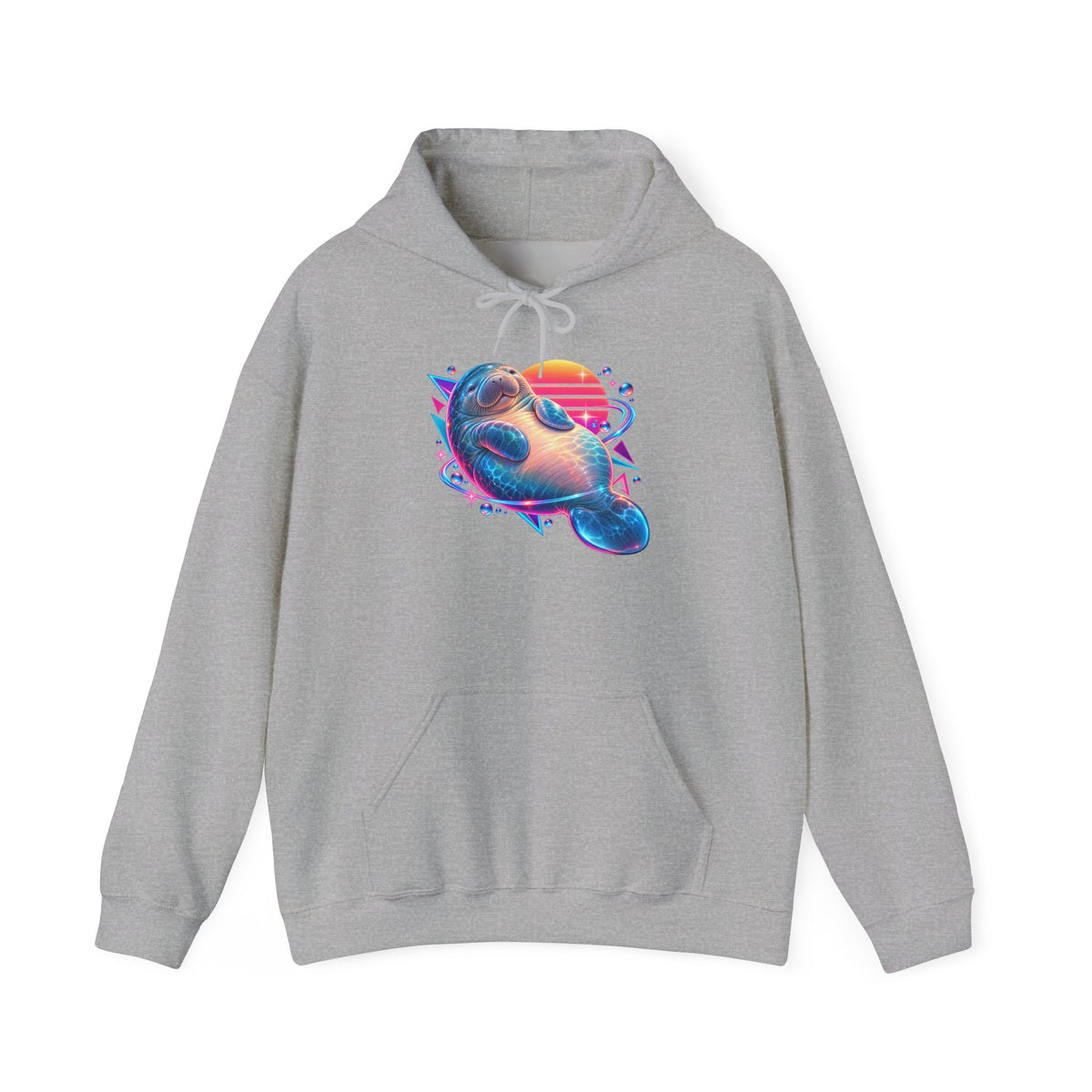 Synthwave Manatee Over Sunset Arcs Pullover Hoodie