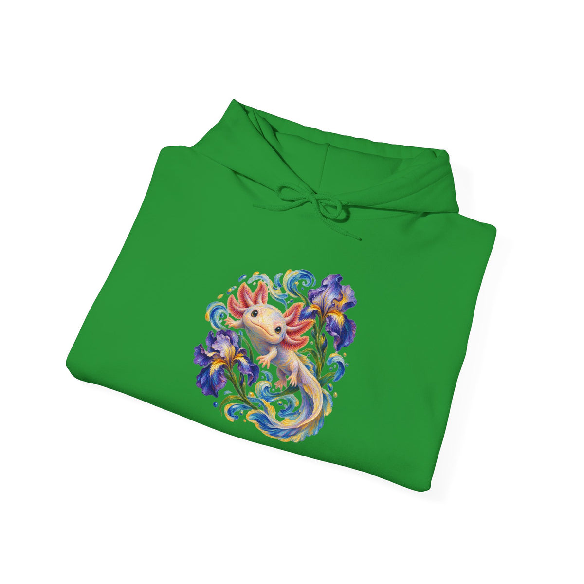 Axolotl Among Swirling Purple Irises Pullover Hoodie