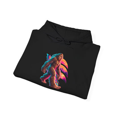 Neon Bigfoot Striding Through Sunset Arcs Pullover Hoodie