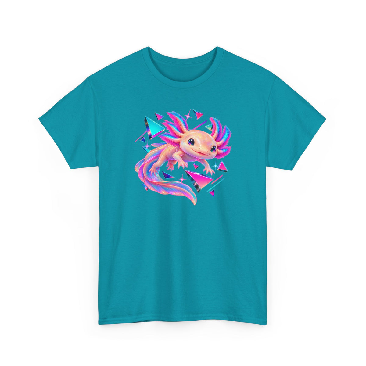 Neon Axolotl Drifting Through Memphis Shapes T-Shirt