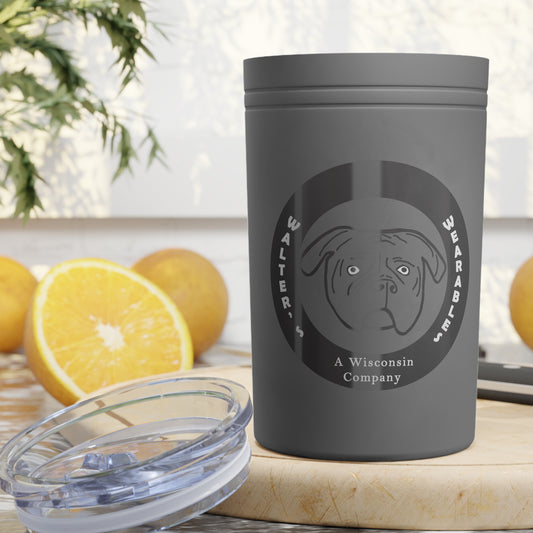 Grey Walter insulated tumbler with a black dog logo; clear lid shown beside it.