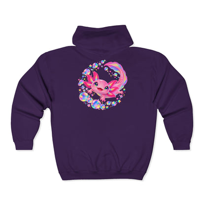 Bubblegum Axolotl in Rainbow Bubbles Zip-Up Hoodie