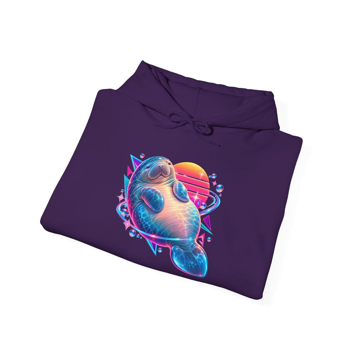 Synthwave Manatee Over Sunset Arcs Pullover Hoodie
