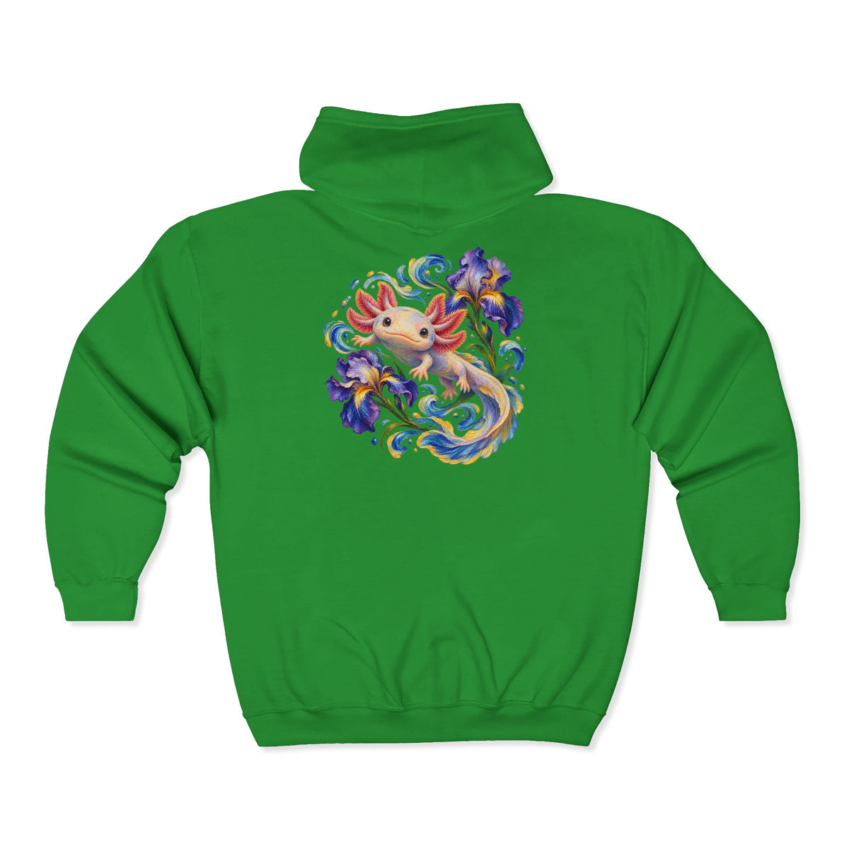 Axolotl Among Swirling Purple Irises Zip-Up Hoodie