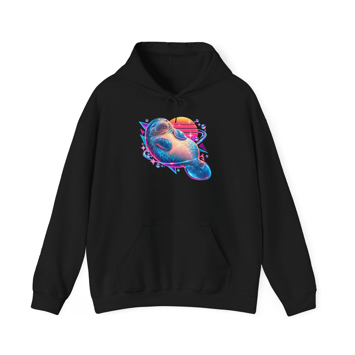 Synthwave Manatee Over Sunset Arcs Pullover Hoodie