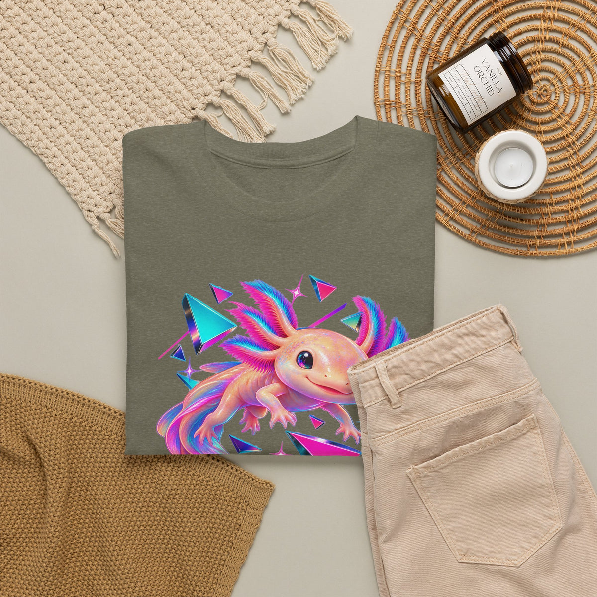 Neon Axolotl Drifting Through Memphis Shapes T-Shirt