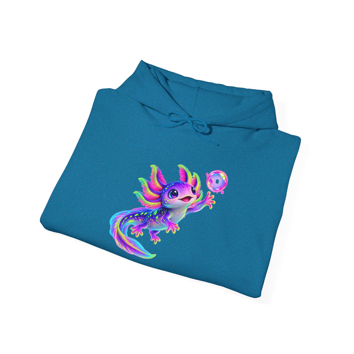 Neon Axolotl Reaching for a Bubble Pullover Hoodie