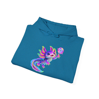 Neon Axolotl Reaching for a Bubble Pullover Hoodie