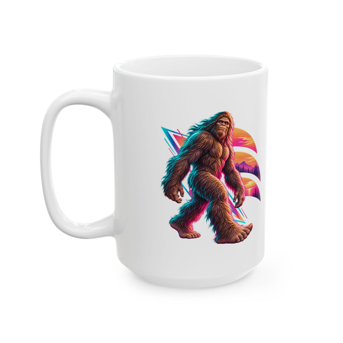 Neon Bigfoot Striding Through Sunset Arcs Mug